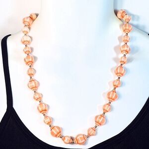 Vintage 50s Pink White Silver Beaded Necklace
